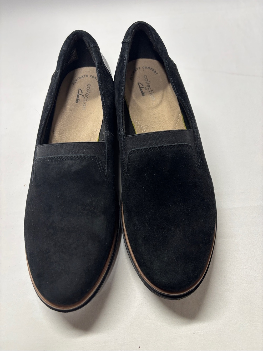 Clarks Black Suede Slip-On Loafers with Brown Trim